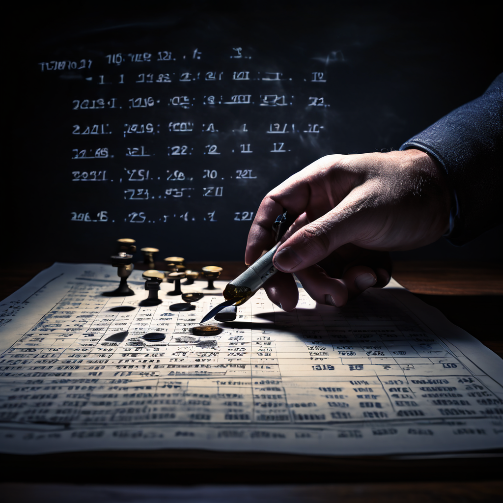 장부의 숫자를 고치는 손과 함께, 긴 재정 타임라인 위로 부채와 스트레스의 그림자 같은 형상이 드리워진 것을 상징적으로 표현한 이미지입니다.