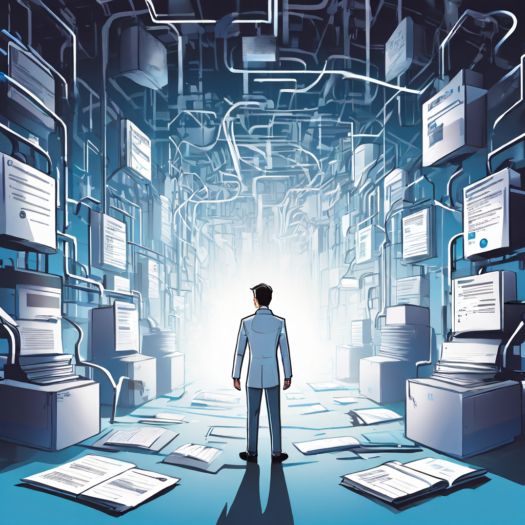 복잡한 의료 서류 미로에 갇힌 환자가 얼굴이 빈 화면인 차가운 로봇 의사를 마주보는 디지털 의료 시스템의 비인간적 측면을 상징하는 일러스트레이션입니다.