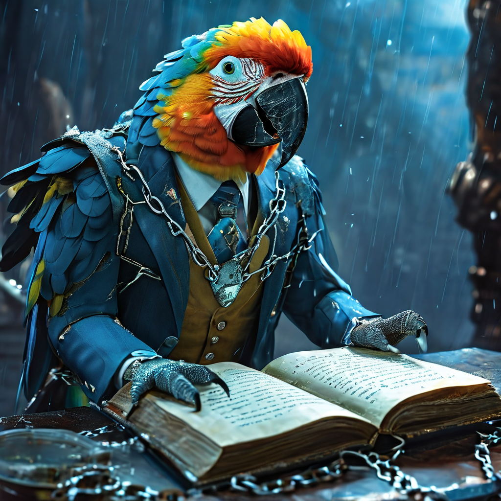 정장을 입은 앵무새가 거대한 정책 서책에 묶여 있고 시스템 리스크라고 적힌 유리 보호막에 금이가며 조항을 읊조리는 모습으로 위험 관리의 모순을 상징적으로 표현한 이미지입니다.