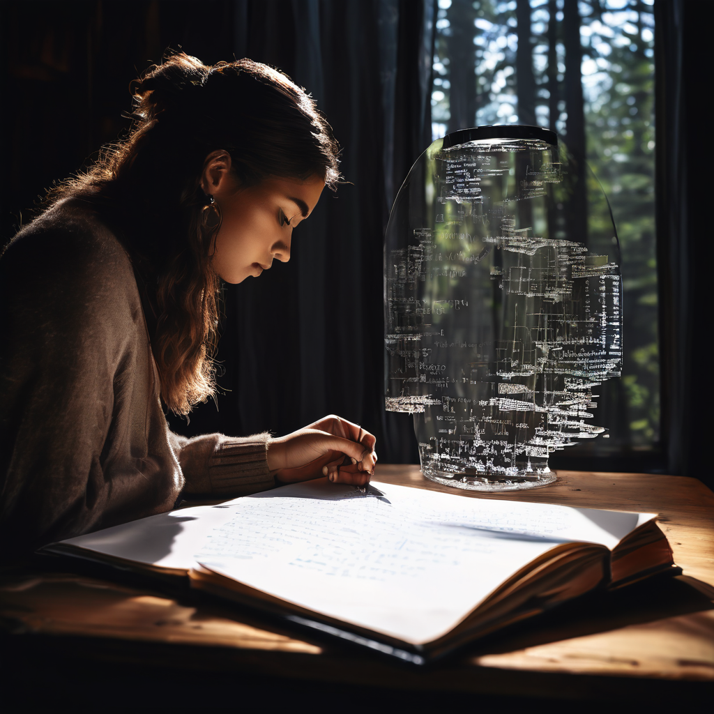 일기장에 글을 쓰고 있는 사람과 그 앞에 놓인 투명하고 왜곡된 거울이 실제 모습이 아닌 이상화된 자신의 모습을 비추고 있는 심리적 갈등을 표현한 이미지입니다.