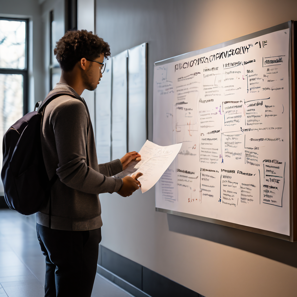 대학 건물 벽에 게시된 난해한 성적 평가 과정 흐름도를 들여다보며 투명한 평가 기준 공개를 요구하는 시위 피켓을 든 불만 가득한 학생의 모습입니다.