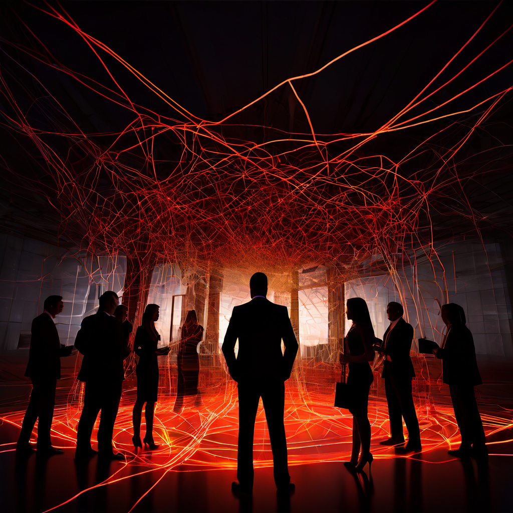 조직 관리 관점에서 분석되는 기업 내 공식적이고 비공식적인 빛나는 의사소통 경로와 어두운 소통 채널이 복잡하게 얽혀 있는 네트워크 구조를 시각화한 이미지입니다.