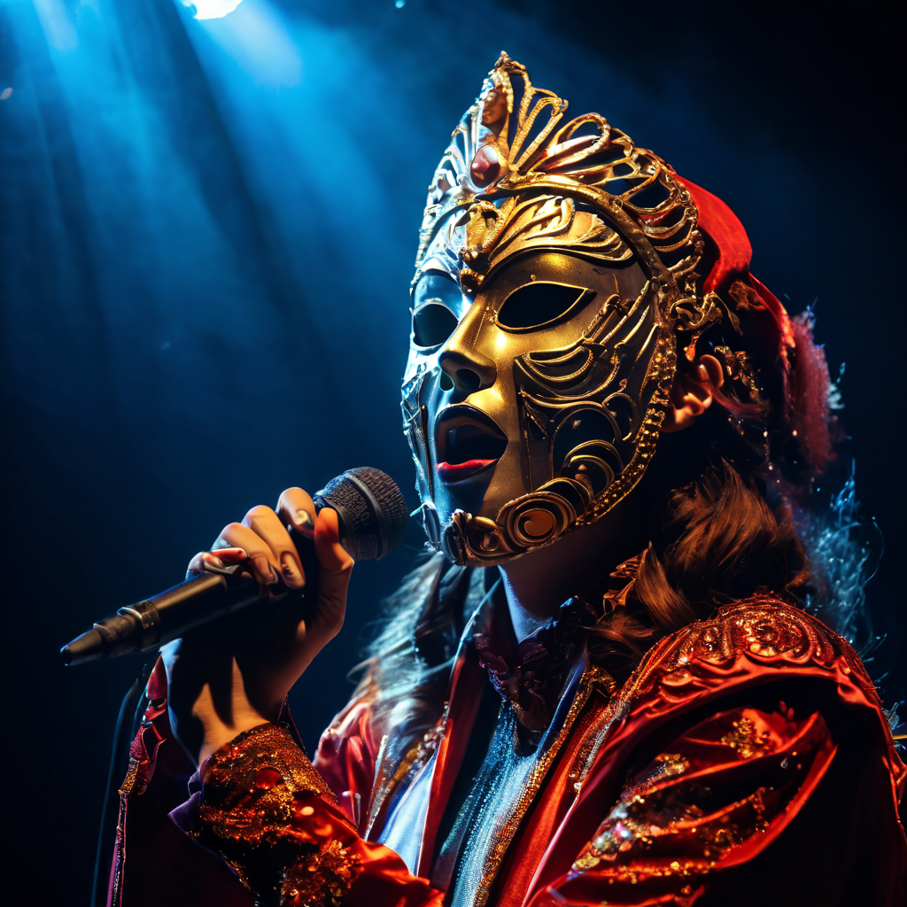 무대 위에서 노래하는 가수가 화려한 가면이 투명해지며 유명한 얼굴을 드러내고, 관객들은 놀라움에 숨을 멈춘 순간을 포착한 이미지입니다.
