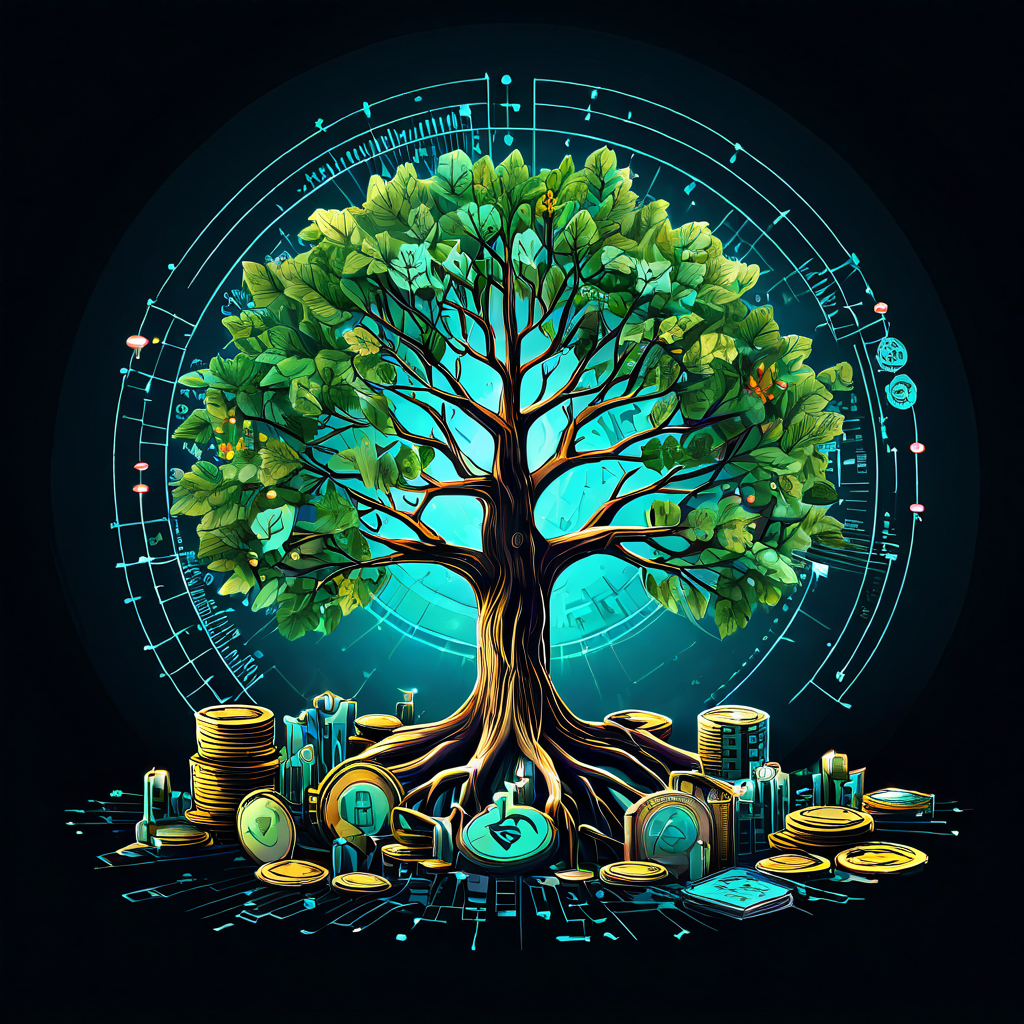 디지털 코인이 번성하는 나무로 성장하며 뿌리와 가지에는 경제적 선순환을 상징하는 기어와 성장 그래프가 통합된 일러스트입니다.