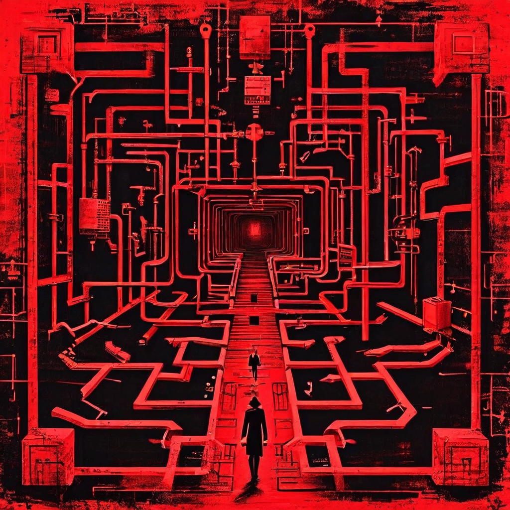 포인트가 복잡한 관료제의 미로 속으로 사라지는 과정을 보여주는 플로우차트로, 시스템 오류를 강조하는 빨간색 스탬프가 전체 설계 위에 표시되어 있습니다.