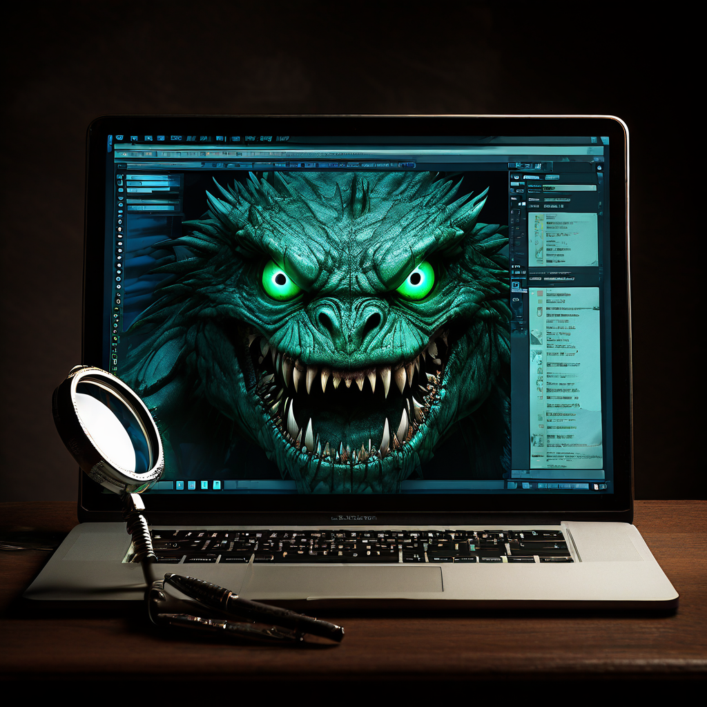 컴퓨터 화면 위에 놓인 돋보기를 통해 무료 소프트웨어 다운로드로 위장한 악성코드나 스파이웨어 같은 사이버 위협 요소가 드러나는 모습을 상징적으로 표현한 이미지입니다.