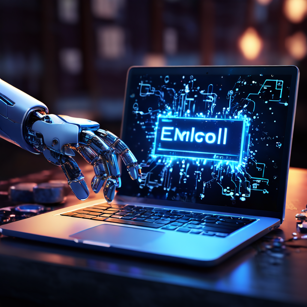 로봇 팔이 노트북 화면의 빛나는 등록 버튼을 클릭하자 디지털 금이 가며 배후 시스템 코드가 드러나는 모습으로 사이버 보안 위협과 해킹 시도를 상징적으로 표현한 이미지입니다.