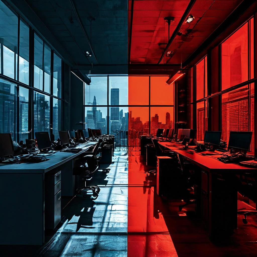 투명하고 질서 있는 합법적 법률 운영과 그림자 속 혼란스러운 불법 조작의 대비를 한 장의 분할된 이미지로 시각화하여 법적 시스템의 양면성을 보여줍니다.