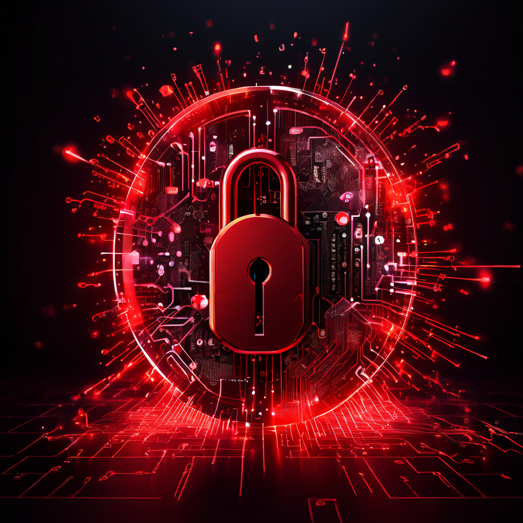 디지털 자물쇠가 파괴되며 개인 데이터가 사기범의 손으로 흘러가는 위험을, 블록체인 거래 그래프와 빨갛게 빛나는 경고 심볼로 시각화한 이미지입니다.