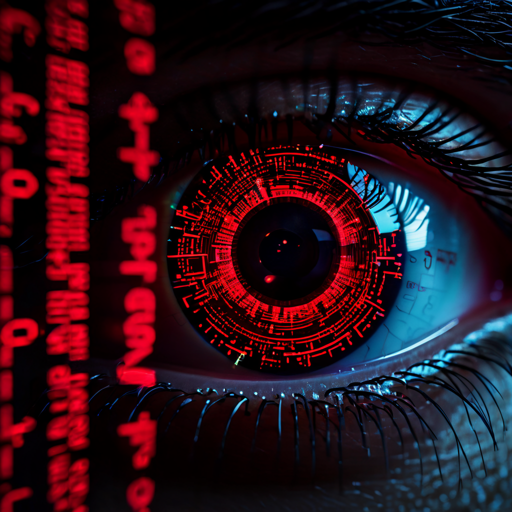 디지털 보안 시스템의 눈이 코드 라인을 스캔하며 자동화된 숨겨진 스크립트를 빨간색 경고 표시로 포착한 순간을 상세히 보여주는 이미지입니다.