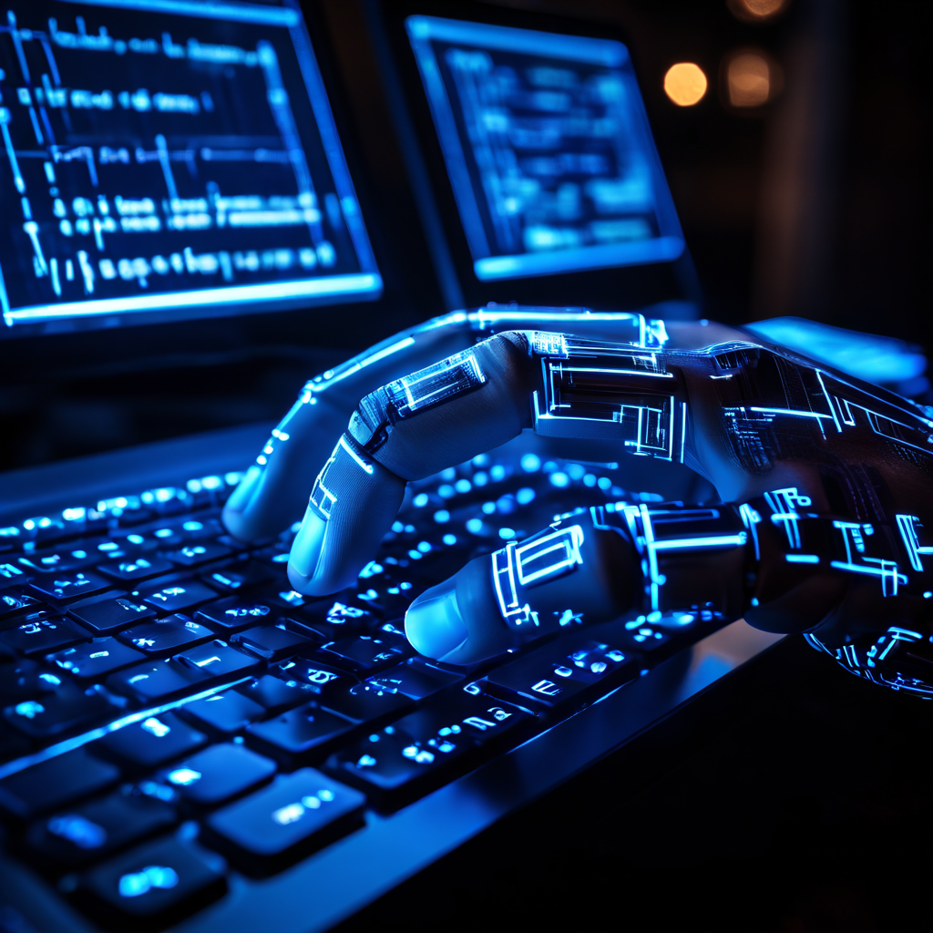 로봇 손가락이 키보드를 입력하며 화면에 반사된 빛나는 코드와 디지털 투표가 흘러내리는 모습을 클로즈업한 이미지입니다.