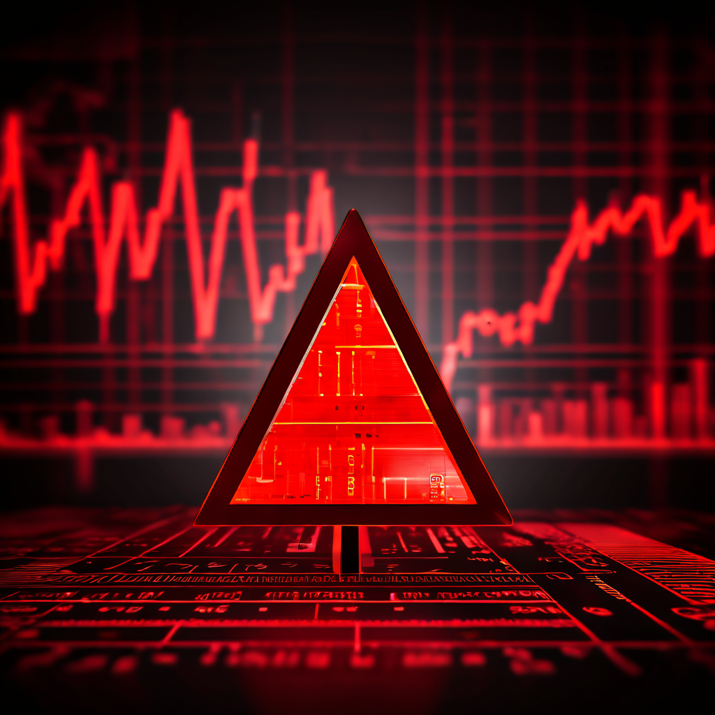 경고 삼각형 안의 느낌표가 주식 시세 차트와 이진 코드 배경 위에 표시되어 금융 시장의 위험 또는 긴급한 시스템 이상을 시각적으로 상징하는 이미지입니다.