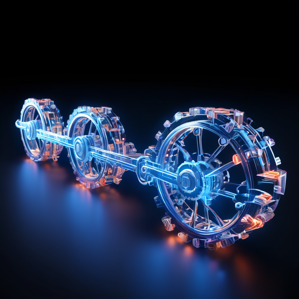 예측 가능하고 신뢰할 수 있는 공급망 관리를 상징하는 빛나는 디지털 체인이 투명한 파이프라인을 형성하며, 자동화된 기어들이 데이터 블록의 안정적인 흐름을 조절하는 모습을 묘사한 이미지입니다.