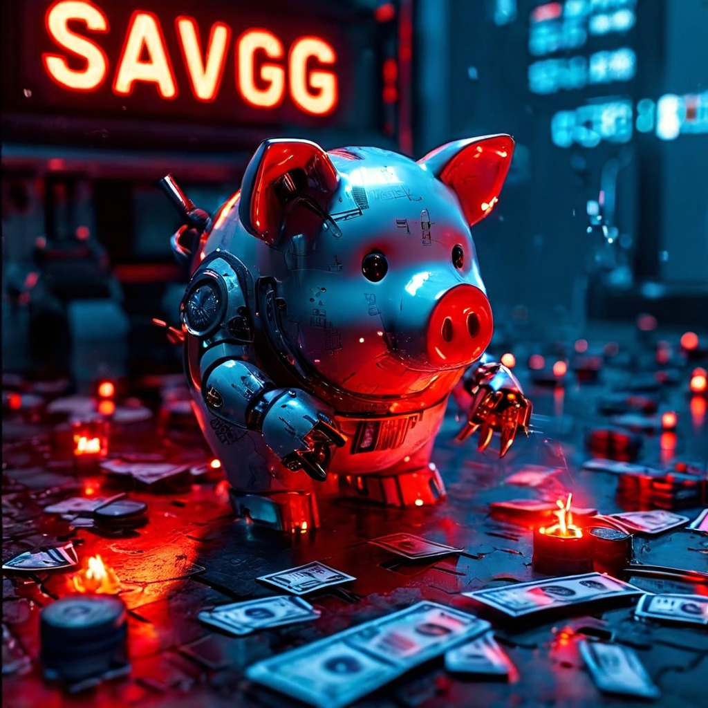 주식 거래 로봇이 저축을 의미하는 돼지 저금통을 부수는 장면으로, 투자 실패와 재정적 손실의 위험을 상징적으로 표현한 이미지입니다.