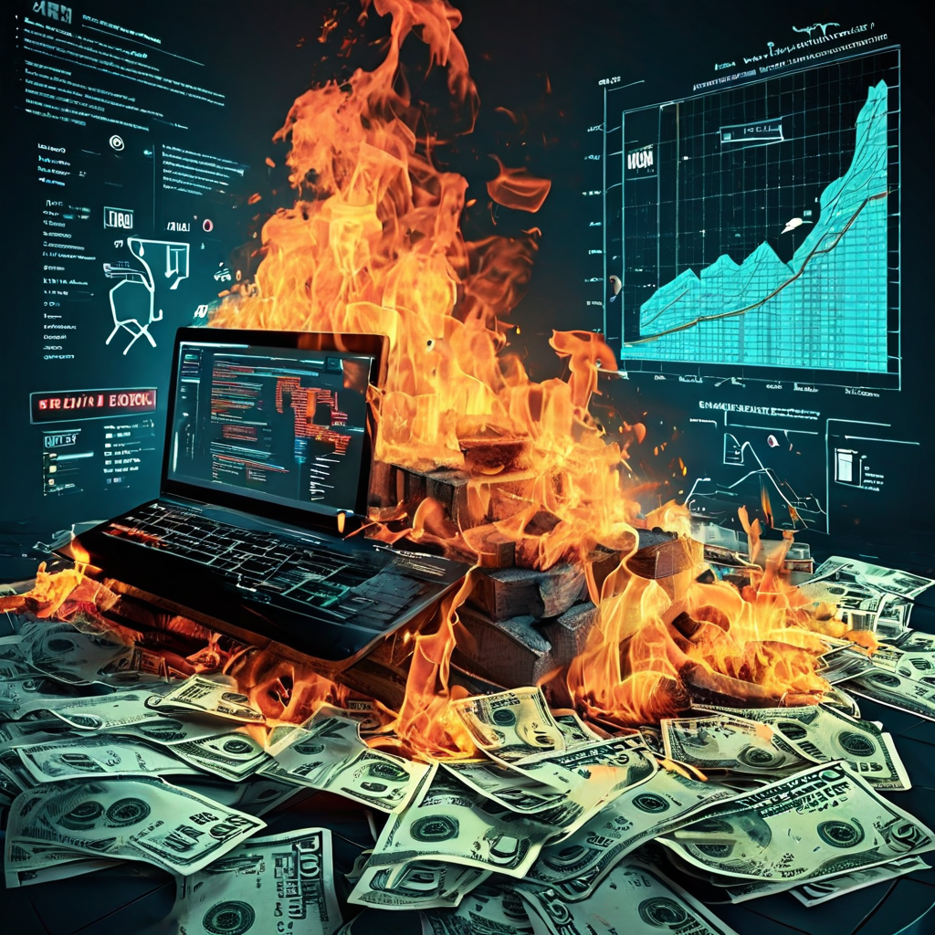 온라인 쇼핑 사기의 단계를 보여주는 복잡한 플로우차트가 피해 금액의 급격한 증가를 나타내는 그래프와 불타는 돈 더미로 이어지며 심각한 재정적 손실을 강조합니다.