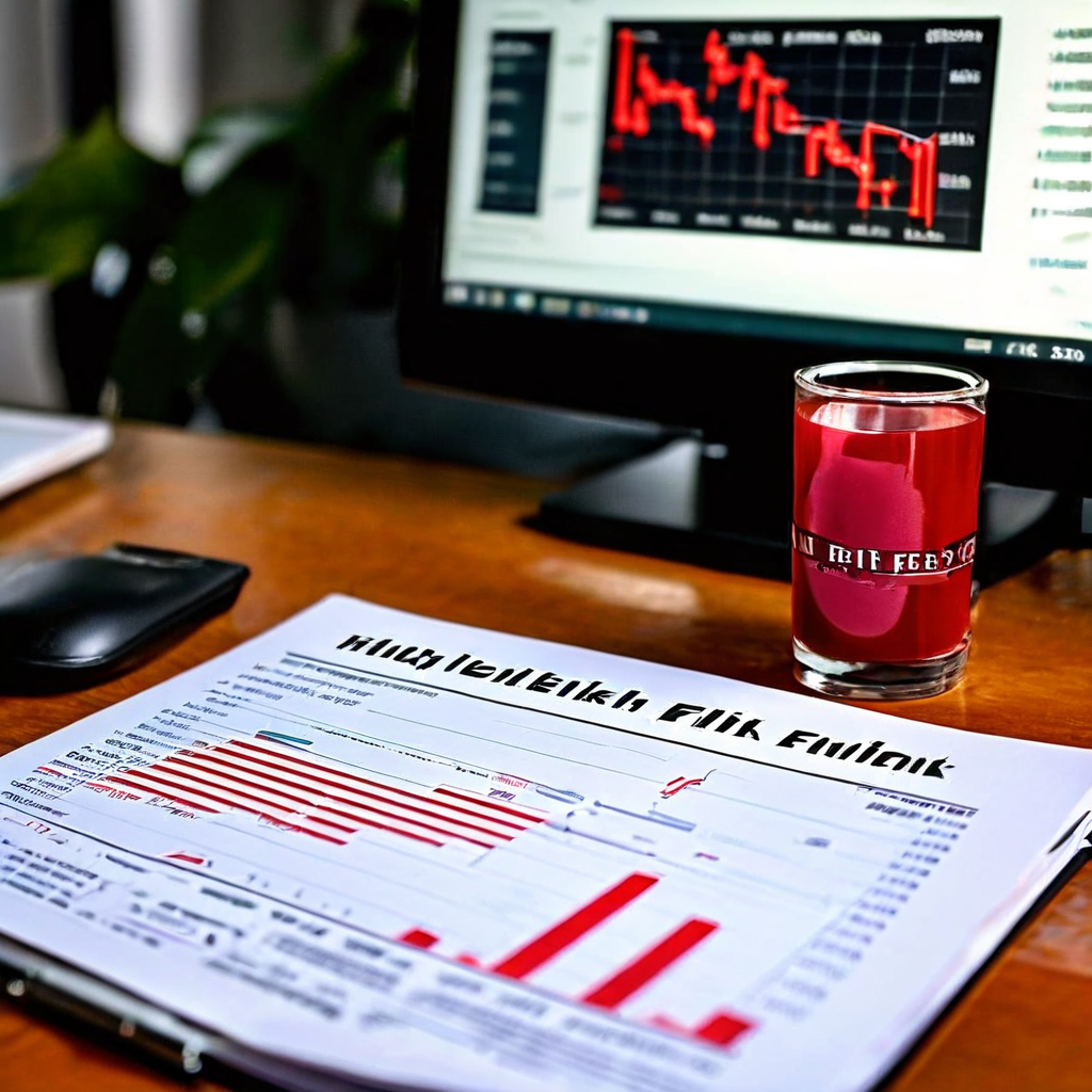 책상 위에 위험 구역을 가리키는 그래프가 표시된 보안 보고서와 금융 전문가가 제시하는 고위험 펀드 관련 서류가 함께 배치된 재무 위험 경고 상황을 나타냅니다.