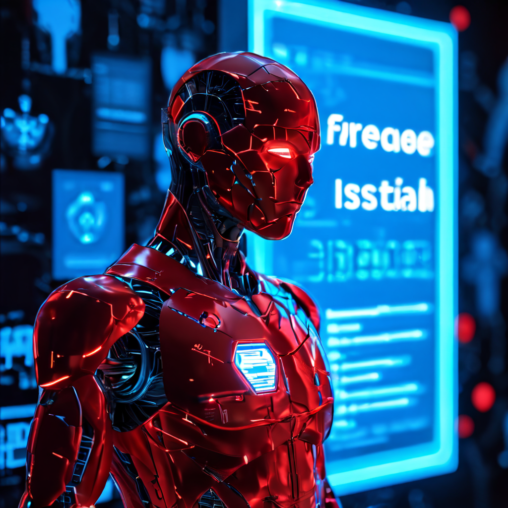 디지털 인간 형상에 빨간 오류 선이 빛나고 깨진 방패 아이콘과 배경에 무료 백신 설치 팝업창이 나타난 사이버 보안 위협 상황을 묘사한 이미지입니다.