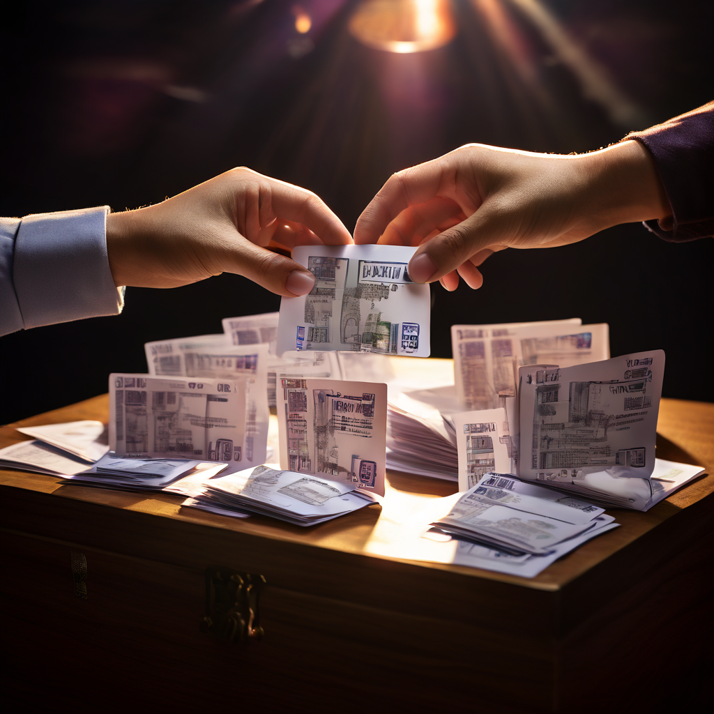 투표의 중요성을 상징적으로 표현한 개념 이미지로, 펼쳐진 여러 장의 동일한 신분증과 투표함에 한 표를 넣는 손을 통해 민주주의 절차에서 개인의 참여와 권리를 강조합니다.