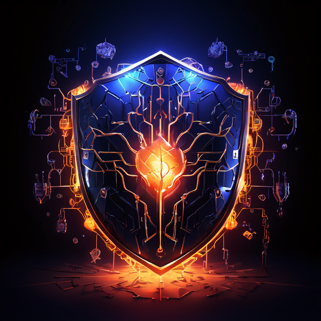 복잡한 금융 네트워크를 위협하는 그림자 같은 손으로부터 자원과 이익을 보호하는 빛나는 보안 방패를 상징적으로 표현한 이미지입니다.