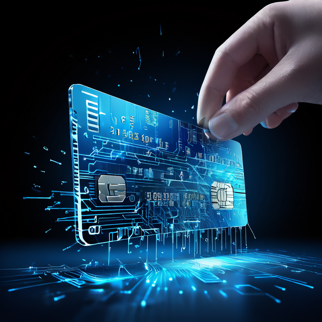 신용카드를 안전하게 폐기하는 방법을 설명하는 시각 가이드로, 절반으로 잘린 카드에서 디지털 데이터 스트림이 지워지는 모습을 강조합니다.