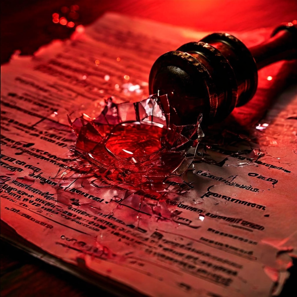 저작권 침해와 그에 따른 법적 결과를 상징적으로 보여주는, 커다란 빨간색 '저작권' 도장이 찍힌 법률 문서와 그로부터 퍼져나가는 유리 조각 같은 금이 가는 이미지입니다.