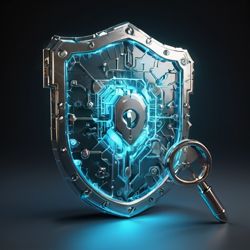 보안 취약점 분석 개념을 상징하는 3D 방패의 금이 간 틈으로 빛나는 문서가 드러나고, 디지털 자물쇠 메커니즘의 핵심 취약점 위에 확대경이 놓여 있는 이미지입니다.