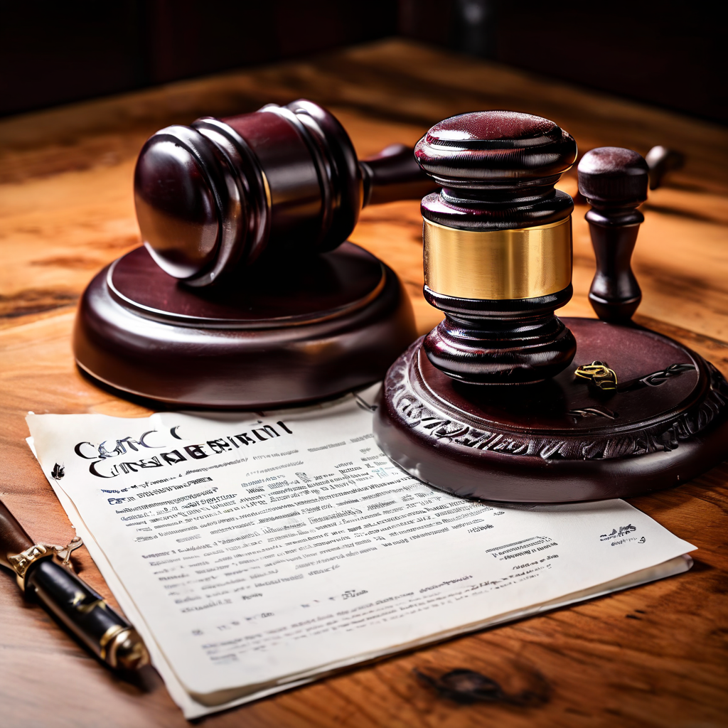 저작권 침해가 적힌 엄중한 법률 문서가 나무 책상 위에 놓여 있고 그 옆에는 법관의 소지품인 법봉이 함께 자리 잡고 있습니다.