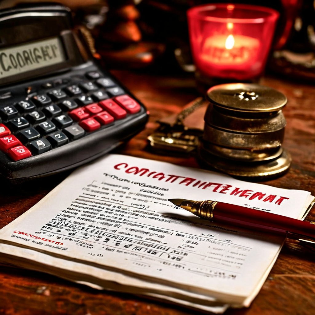 저작권 침해로 인한 법적 분쟁과 막대한 손해배상 금액을 상징적으로 보여주는 변호사 사무실 책상 위의 법률 문서와 계산기 이미지입니다.
