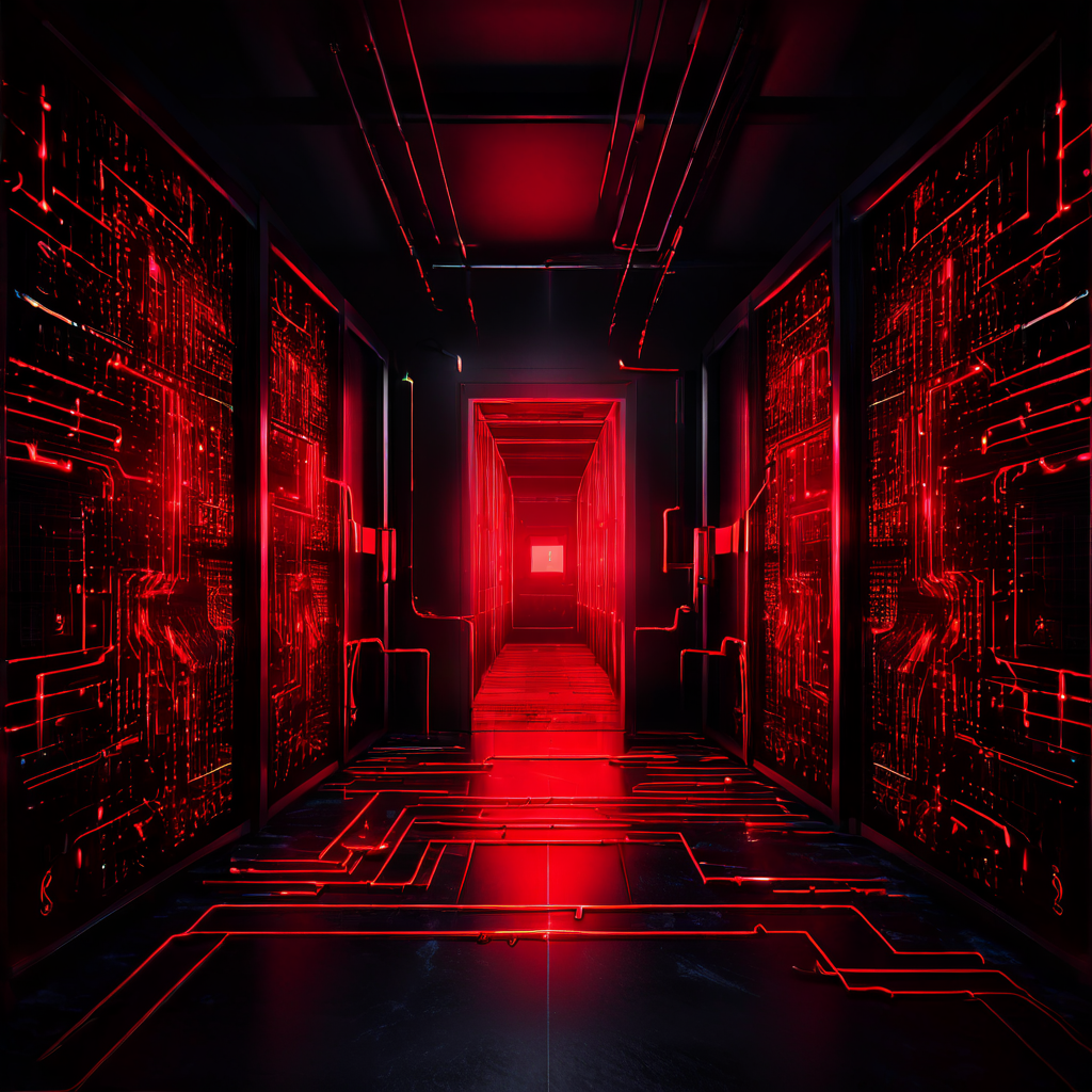 데이터 침해를 나타내는 붉은 경로가 디지털 방화벽에 의해 차단되고 있는 보안이 강화된 현대식 서버실의 내부 모습을 묘사한 이미지입니다.