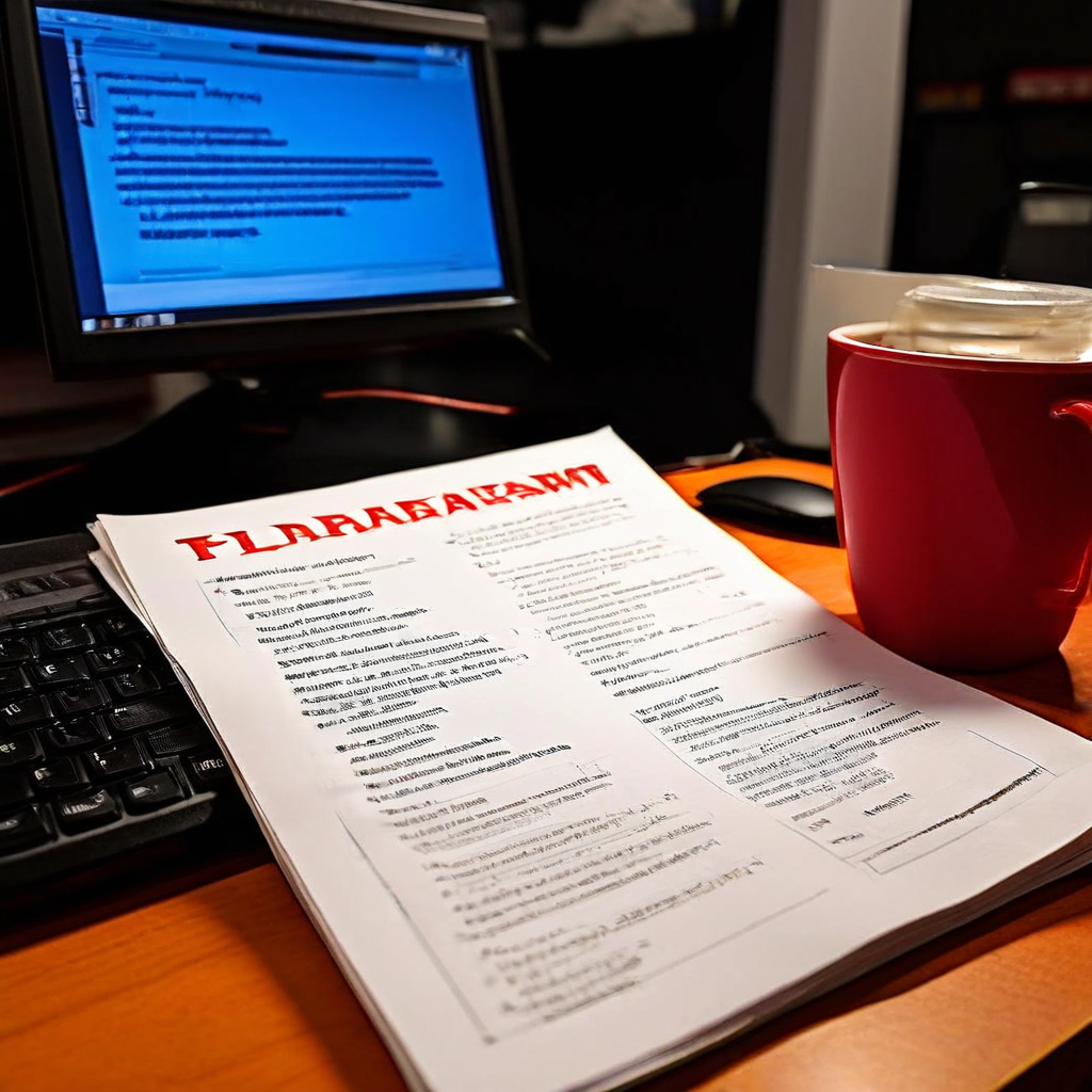 낙제점과 표절 적발이 적힌 시험지 옆에 긴급 소프트웨어 업데이트가 진행되는 컴퓨터를 배치하여 표절의 심각성과 지적 재산권 보호의 필요성을 강조하는 이미지입니다.