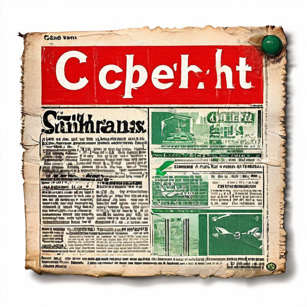 저작권 침해를 금지하는 저작권 표시와 빨간 금지 기호가, 콘텐츠 공유를 장려하는 공유 버튼과 초록색 체크 표시와 대비를 이루며 지식재산 보호와 정보 공유의 균형을 보여주는 신문 기사 이미지입니다.