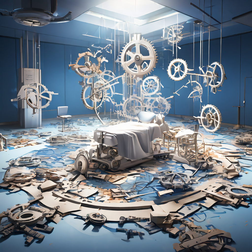 복잡한 법적 체계가 톱니바퀴로 형상화되어 연결이 끊긴 채 공중에 떠 있고, 그 아래 무너진 병원 바닥에서는 실제 의료 절차가 붕괴되는 혼란스러운 상황을 상징적으로 표현한 이미지입니다.