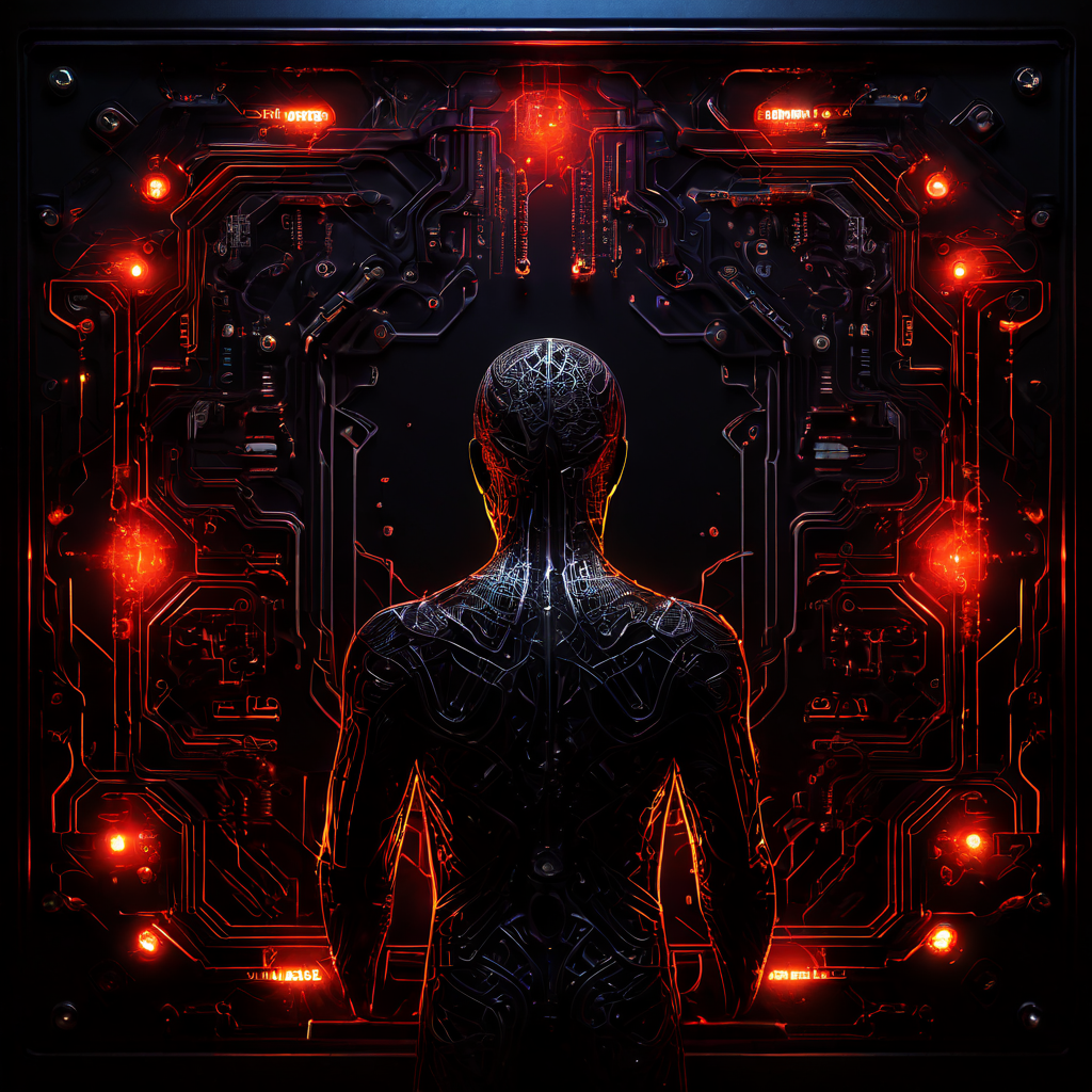 인간 실루엣 안쪽의 어두운 공간을 드러내며 빛나고 정교한 제어판에 단일 회로가 갈라져 스파크를 일으키는 미래지향적이고 심리적인 이미지입니다.