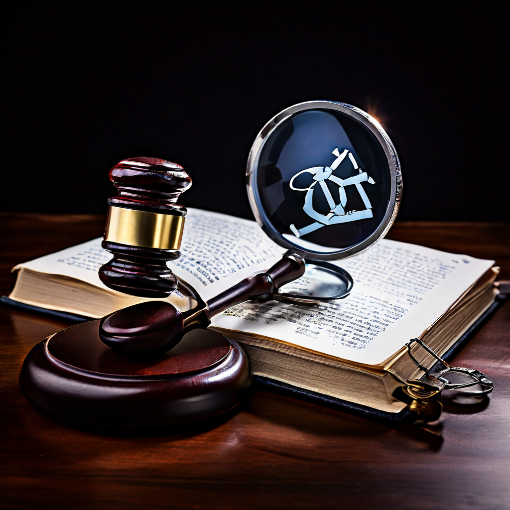 법률 서적 위에 놓인 법봉과 함께 깨진 저작권 표시를 확대경으로 살펴보는 모습으로, 저작권 침해나 법적 분쟁의 조사 과정을 상징적으로 표현한 이미지입니다.