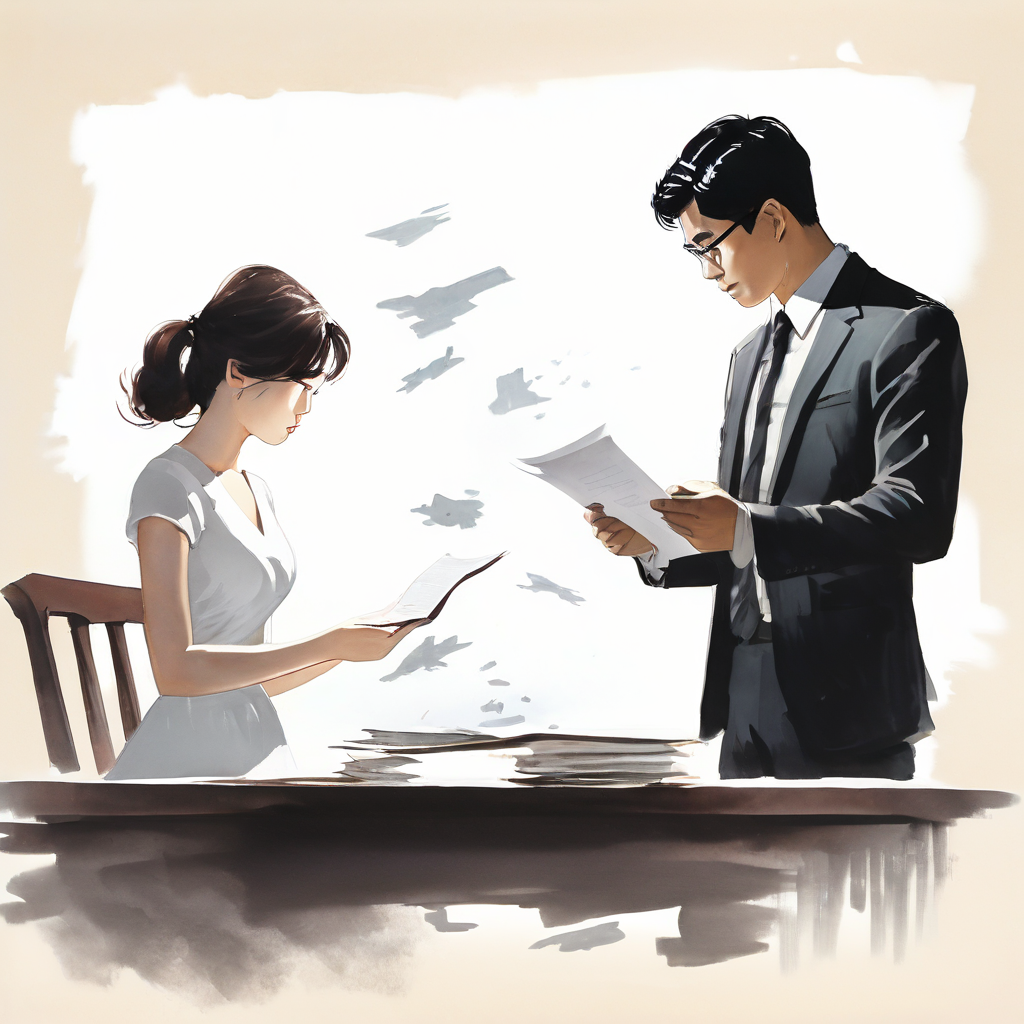 한국 가정법원 이혼 서류를 서둘러 서명하는 부부의 갈등과 후회를 상징하는 유령 형상, 그리고 의사소통 단절을 의미하는 무너진 다리를 통해 이혼의 고통과 법적 절차를 보여주는 이미지입니다.