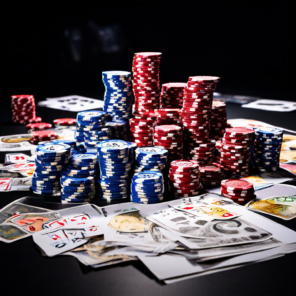 A player's hand placing a single casino chip on a baccarat table, with a blurred background of a green felt surface and scattered