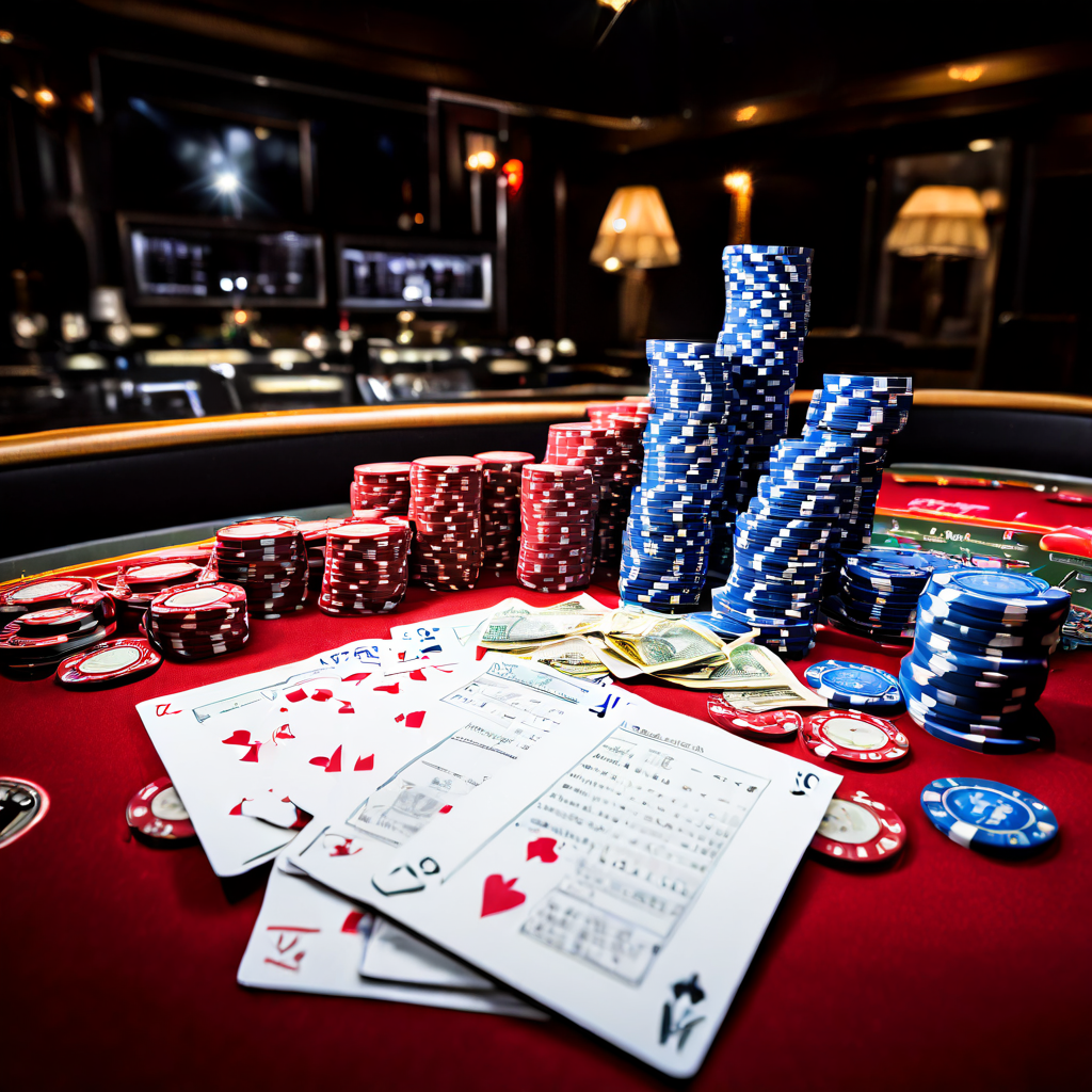 Photorealistic editorial shot of a casino baccarat table with green felt, scattered chips, and a single playing card tilted near t