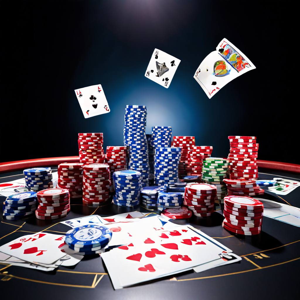 A person places a single playing card face down on a green baccarat table, while a row of red and blue betting chips creates a cle