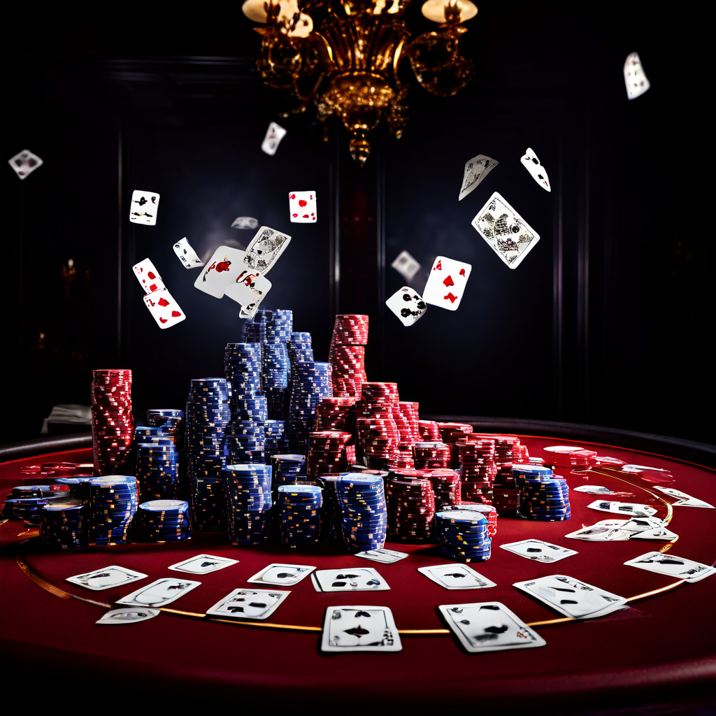 A baccarat table with chips and cards arranged in a seemingly random pattern, viewed from above with shallow depth of field, illus