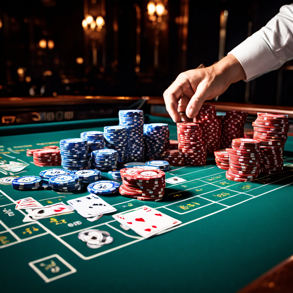 A documentary-style photograph of a baccarat table from an overhead angle, showing a player’s hand hovering over a stack of casino
