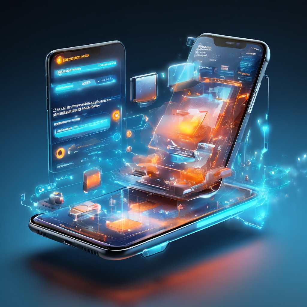 Mobile interface close-up showing a glowing alert icon layered above abstract data paths and secure service flow elements.