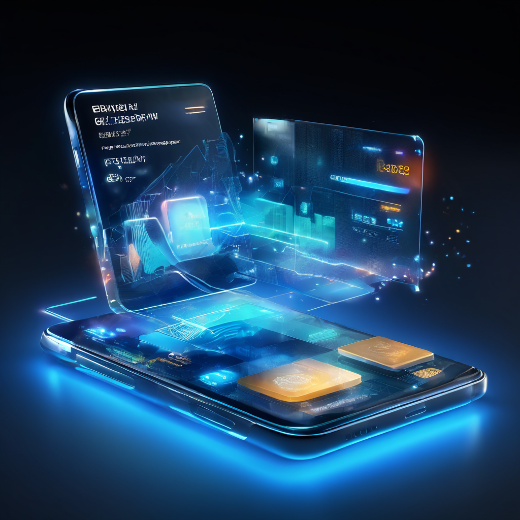Futuristic digital payment screen with glowing integrated wallet interface and secure data flow.
